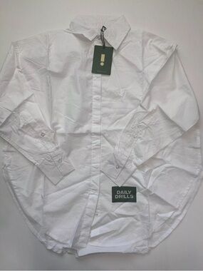 ISO Daily Drills White Button down with logo in front